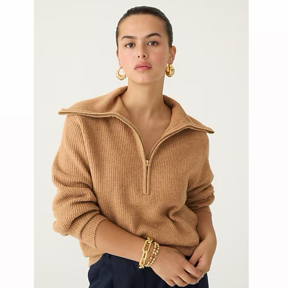 J. Crew Half Zip Stretch Sweater Small Acorn Tan Merino Wool Alpaca Boho